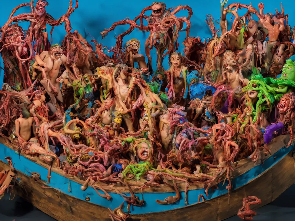 Image similar to diorama of the raft of the medusa as an animatronic schlock body horror comedy film, fun, animatronic figures, Sally Corporation, Garner Holt, play-doh, lurid, vivid colors, neon lights, rubber latex, realistic materials, fleshy, Cronenberg, Rick Baker, daylight, photo real, wet, slimy, wide angle, rule of thirds, 28mm, 1984, Eastman EXR 50D 5245/7245