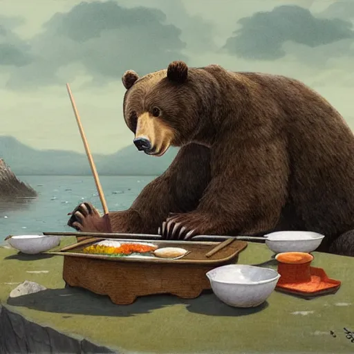 Image similar to bear eating sushi with chopsticks, a detailed matte painting by anton pieck, deviantart contest winner, fantasy art, concept art, official art, matte drawing