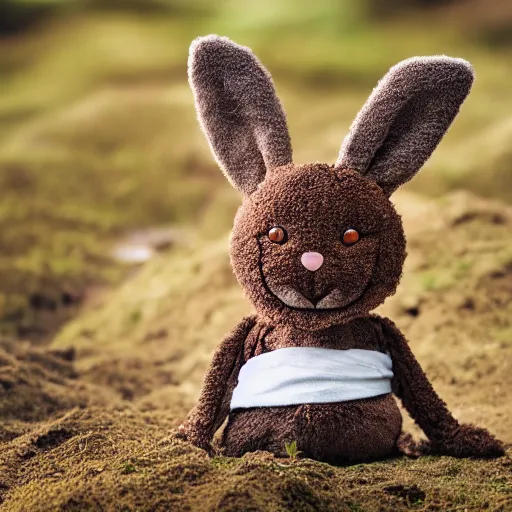 Image similar to a photo of a little brown bunny muppet plush out in nature and wearing a ninja outfit, photorealistic, photography, ambient occlusion, god rays, rtx, national geographic