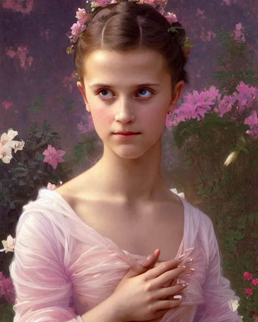 Image similar to a portrait painting of a shy, blushing 1 6 - year old alicia vikander or millie bobby brown as a ballerina in her flower garden with lanterns, intricate, elegant, highly detailed, artstation, concept art, by krenz cushart and donato giancola and william adolph bouguereau and alphonse mucha