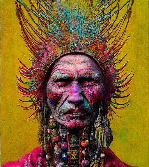 Image similar to Portrait painting in a style of Beksinski mixed with Alex Grey of an old shaman dressed in a colorful traditional clothes.