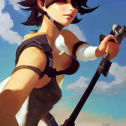 Image similar to greg manchess portrait painting of tracer from overwatch as 2 b nier automata on the beach holding a sword, organic painting, sunny day, matte painting, bold shapes, hard edges, street art, trending on artstation, by huang guangjian and gil elvgren and sachin teng