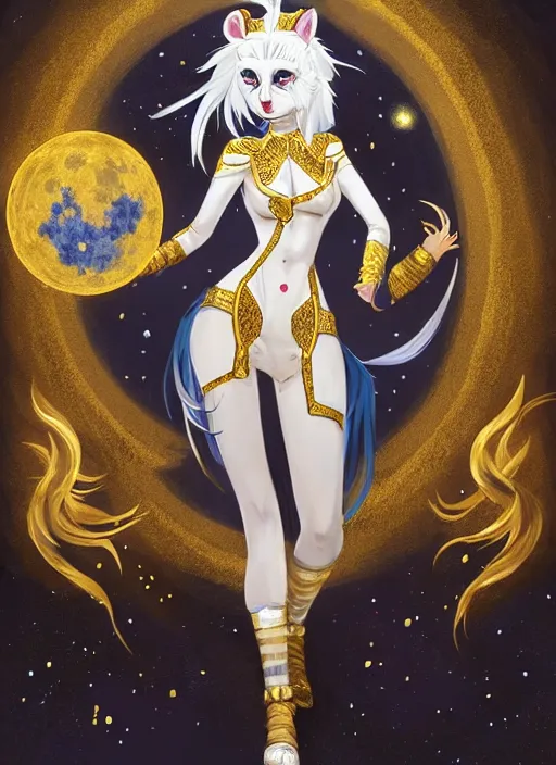 Image similar to commissioned full body portrait of a female anthro werewolf fursona with white hair wearing a white and gold chinese armored dress in a white and gold palace on a starry night with a large rescent moon, by a professional manga illustrator, Stanley Artgerm Lau, WLOP, Rossdraws, James Jean, Andrei Riabovitchev, Marc Simonetti, and Sakimichan, trending on artstation