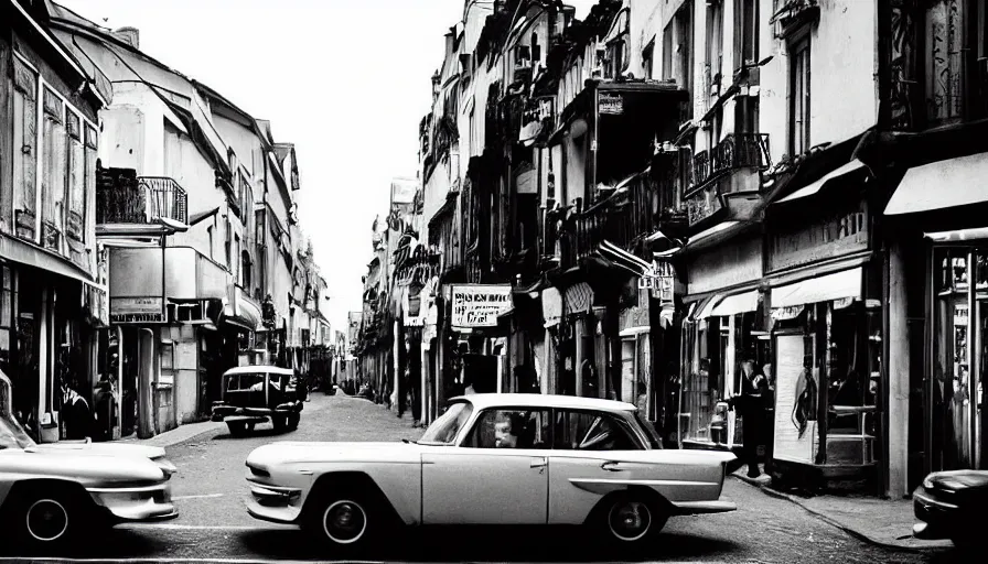 Prompt: “A still from a modern black and white French art house movie 1960’s. City street, car, man and woman in love, Cinematic lighting, highly detailed, close-up,”