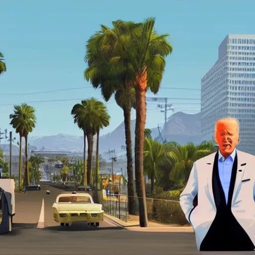Image similar to Joe Biden in GTA V. Los Santos in the background, palm trees. In the art style of Stephen Bliss