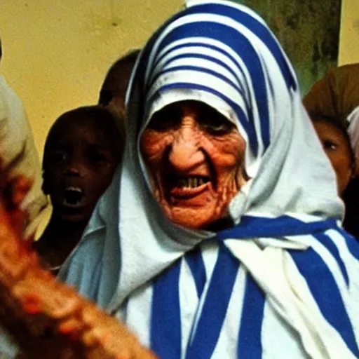 Prompt: zombie mother teresa giving food out at an orphanage