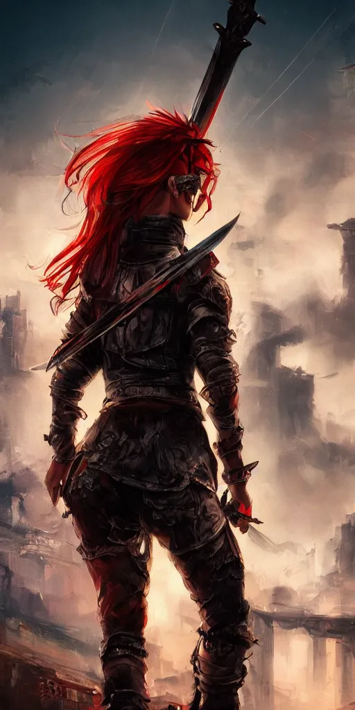 Image similar to back shot of one beautiful girl warrior in punk jacket gazing back into distance land, holding two swords, the swords glows in neon red. standing on wet road, digital art by wlop. artstation contest winner, cinematic paint. lower shot. dramatic cloud and ruined city in background.
