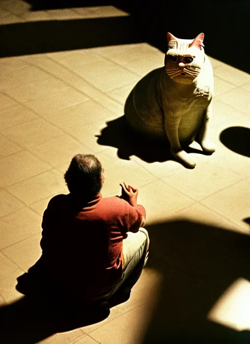 Prompt: A writer sitting down in front of a wooden table, frustrated from his inability to come up with ideas. In front of him balls of discarded papers. To his right a fat cat. Behind him an orc from Lord of the Rings. 70mm, color film photography, highly detailed, grainy masterpiece