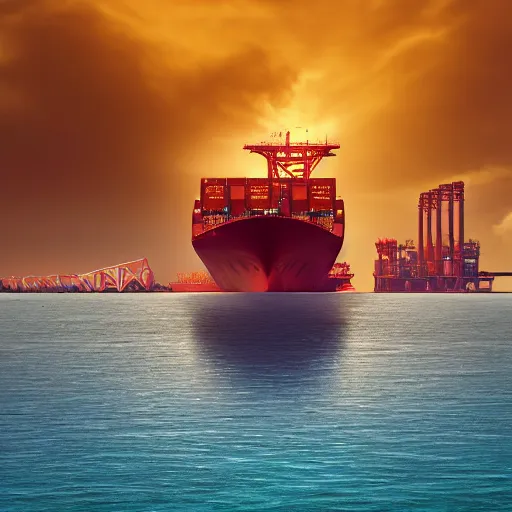 Prompt: photo of immense gigantic industrial futuristic cargo ship arrives at futuristic city sea port, dark cinematic lighting