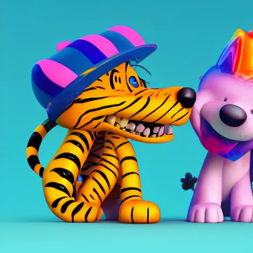 Image similar to calvin and hobbes, lisa frank style, 3 d render