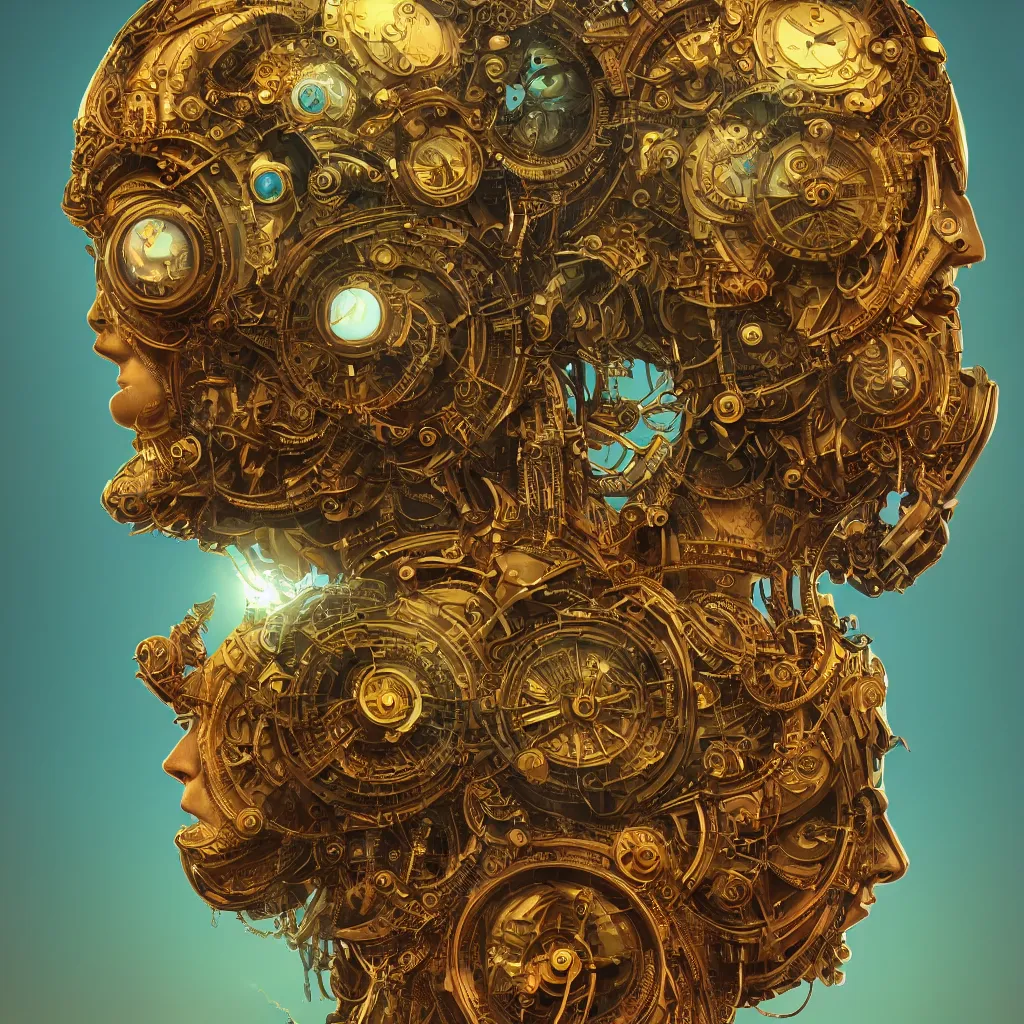 Image similar to singular beautiful symmetrical close up head and shoulder face portrait android woman time machine axonometric mechanical fantasy intricate elegant highly detailed in volumetric void of latent space, golden turquoise steampunk, high contrast cinematic light, mystical shadows, digital painting, smooth, sharp focus, divine realm of gods, octane render, photographic, concept art, artist leonardo davinci, unreal engine 8 k