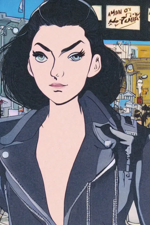 Image similar to portrait of an attractive young female protagonist, center focus, wearing leather jacket, in city street, detailed face, artwork by ralph bakshi