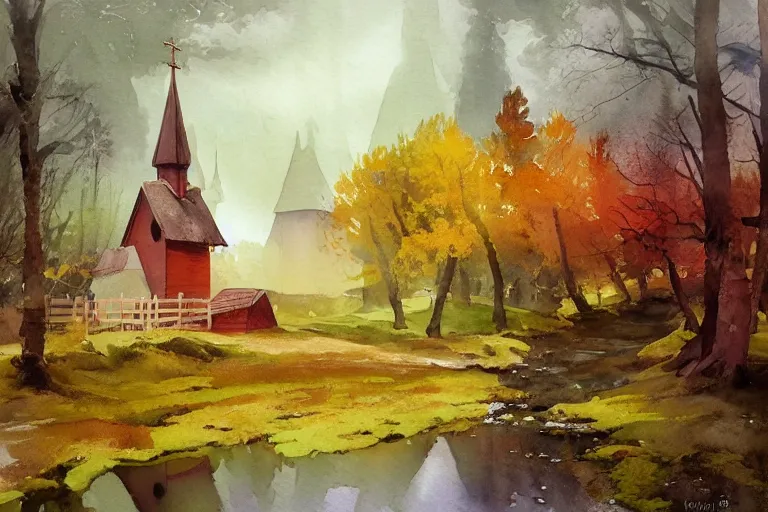 Prompt: small centered on watercolor paper, paint brush strokes, abstract watercolor painting of traditional scandinavian wooden church, viking house, translucent leaves, cinematic light, national romanticism by hans dahl, by jesper ejsing, by anders zorn, by greg rutkowski, by greg manchess, by tyler edlin