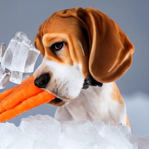 Prompt: a beagle made of ice eating a carrot made of ice. Photography. Highly detailed. 8K