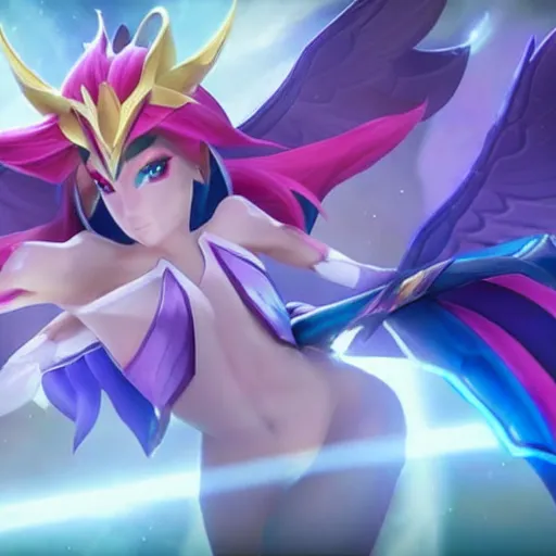 Image similar to star guardian xayah and star guardian kai'sa are friends, league of legends, by weta digital, 3 - dimensional, rays of shimmering light