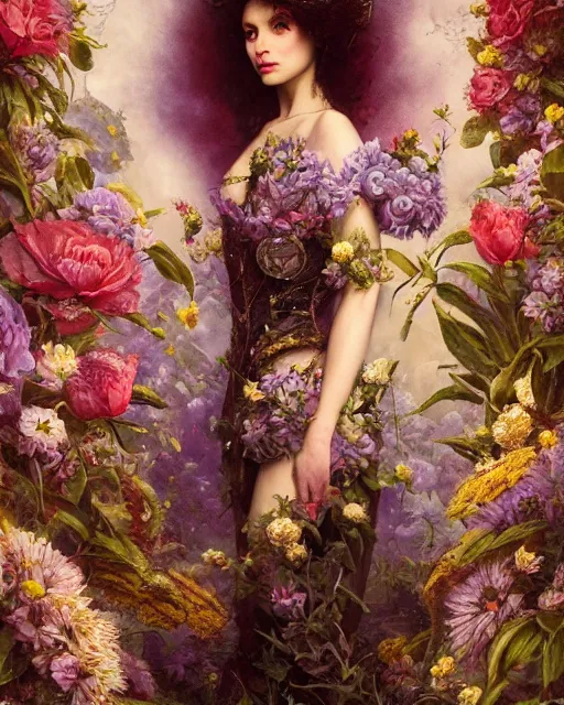 Image similar to portrait of the spanish queen of the underworld, surrounded by flowers by karol bak, james jean, tom bagshaw, rococo, sharp focus, trending on artstation, cinematic lighting, hyper realism, octane render, 8 k, hyper detailed.