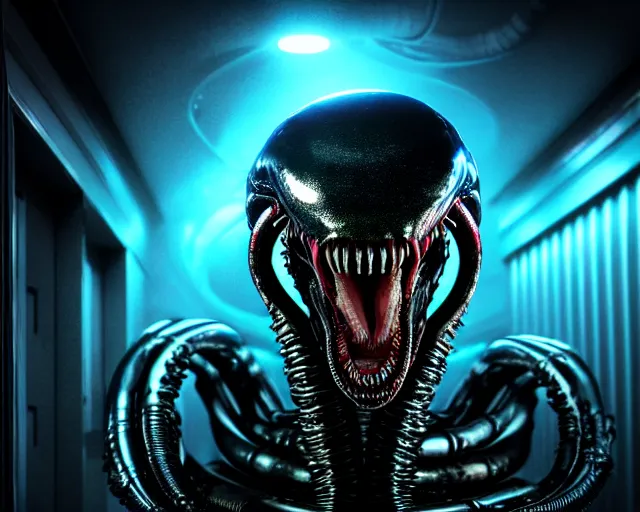 Prompt: 2 8 mm closeup portrait of a wet slimy dripping black metallic chrome lovecraft xenomorph alien with glowing eyes in science fiction spaceship hallway, dramatic lighting, octane, blue lights, lens flare, industrial, dirty, trending on artstation, golden ratio, h. r. giger, mist, action, volumetric lighting