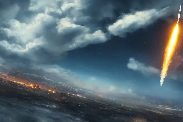 Image similar to an intercontinental ballistic missile exploding mid - air above a huge town, concept art, digital painting, trending on artstation, deviantart, highly detailed, perfect composition, dramatic lighting, sharp focus, 8 k uhd