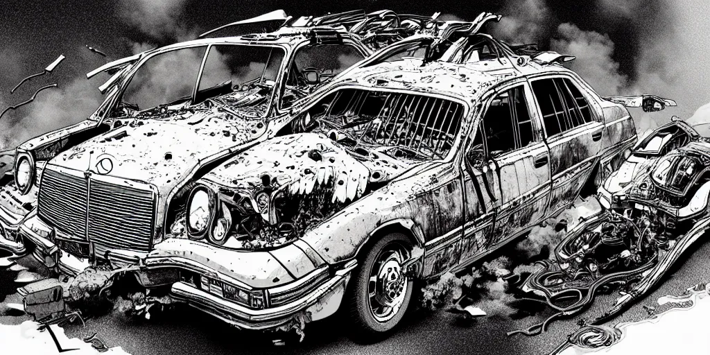 Image similar to a big woman axolotl in burning wrecked mercedes 1 2 4, ultrafine hyperdetailed illustration by kim jung gi