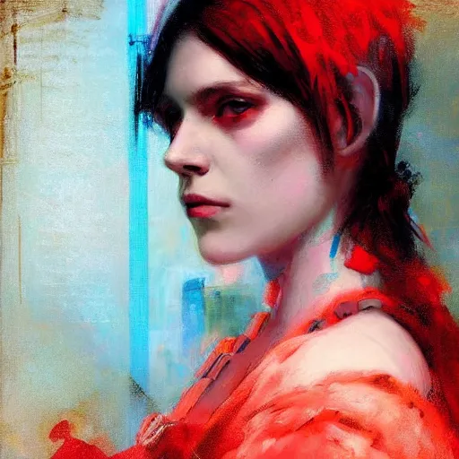 Prompt: Solomon Joseph Solomon and Richard Schmid and Jeremy Lipking victorian genre painting portrait painting of a young beautiful woman android cyberpunk future hacker punk rock in fantasy costume, red background