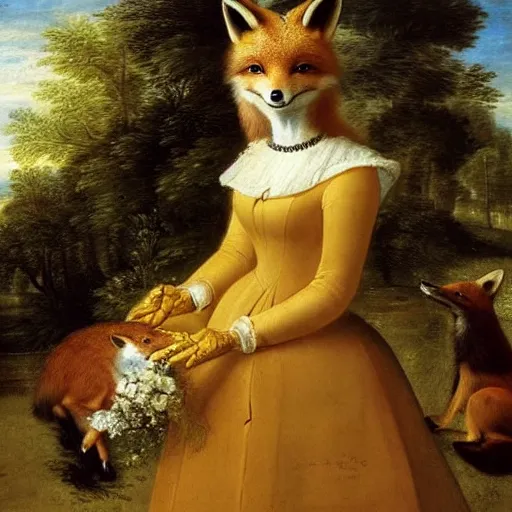 Prompt: A beautiful animal portrait of a fox in a pale yellow dress by Robert Cleminson and Jan Brueghel the Elder