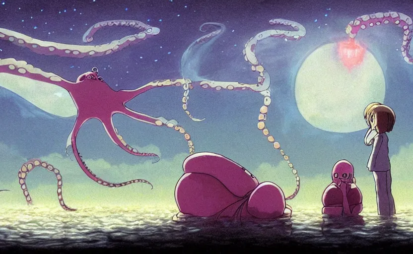 Image similar to a realistic cell - shaded studio ghibli concept art from paprika ( 2 0 0 6 ) of a flying multi - colored octopus from close encounters of the third kind ( 1 9 7 7 ) and grey fairy meditating in a flooded stonehenge on a misty starry night. very dull colors, wide shot, hd, 4 k, hq