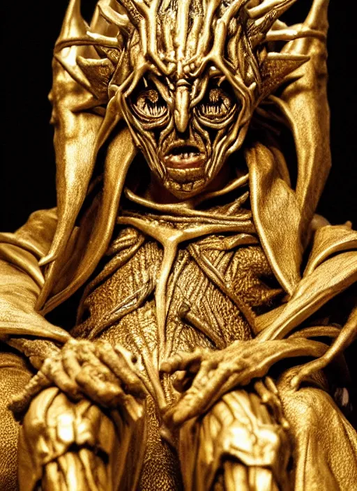 Prompt: photo taken of an epic intricate, ultra detailed, super realistic sculpture of a hooded satanic figure sitting on a nightmarish throne, sculpture on display, created by weta workshop, photorealistic, sharp focus, f 0. 4, face centred, golden ratio