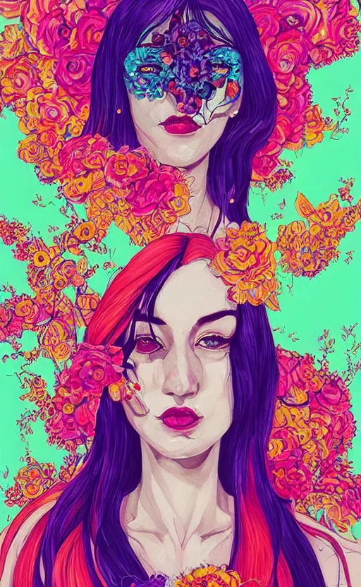 Image similar to an ultra detailed beautiful painting of a stylish woman with colorful sundress, concert poster, modern retro, symmetrical, harumi hironaka, conrad roset, greg rutkowski