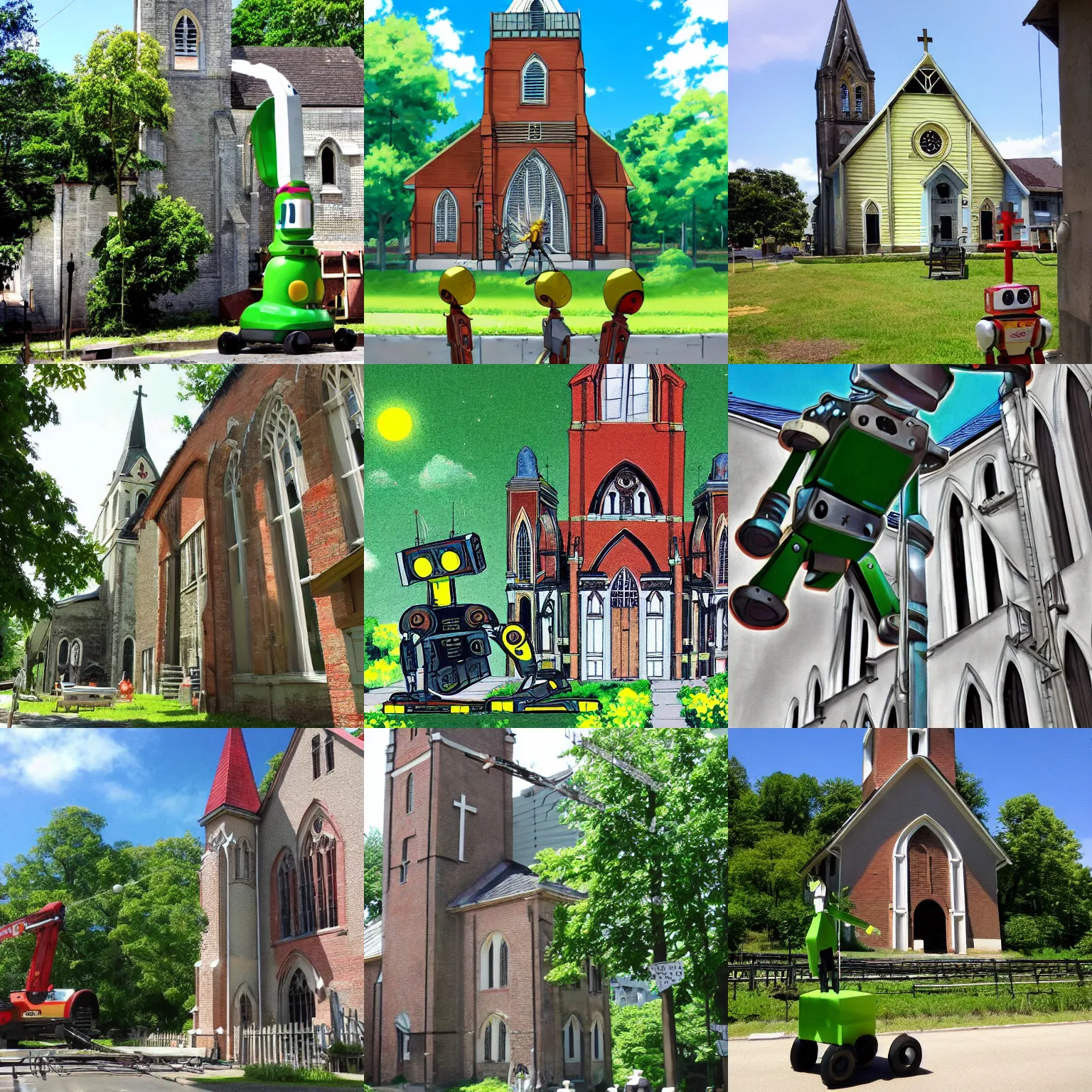 Prompt: anime!! old church building scaffolding, little ant! robots as builders, lush green, sun