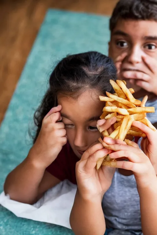 Prompt: a dad eating his daughter's french fries while she hides and cries in the background