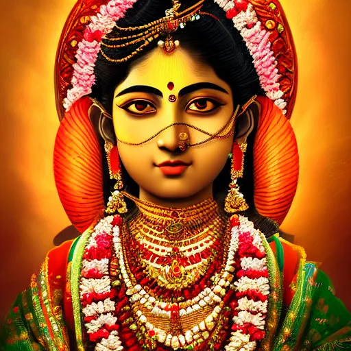 Image similar to a portrait of a kumari goddess, highly detailed, cinematic lighting, hyperrealistic, 4 k, digital art