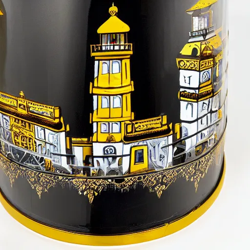 Prompt: an ornate lighthouse table statue, detailed with white and gold filagree and goldleaf decorative elements, sitting on a desk, painstaking detail, black lacquer, glossy shiny reflective, splashed with graffiti art