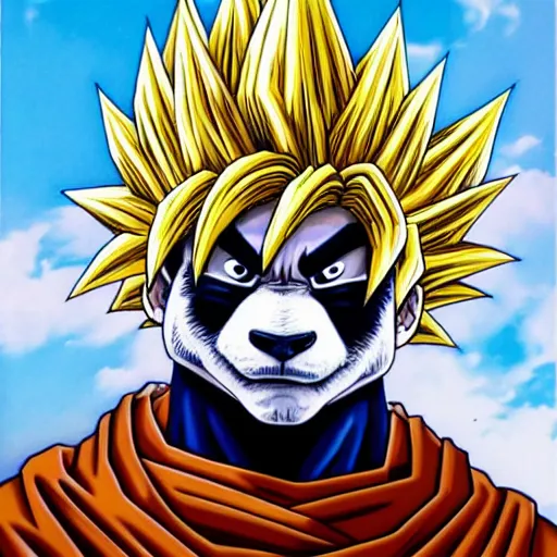 Image similar to ultra realistic portrait painting of a panda as super saiyan goku, art by akira toriyama, 4 k, dragon ball artstyle, cel shaded, highly detailed, epic lighting