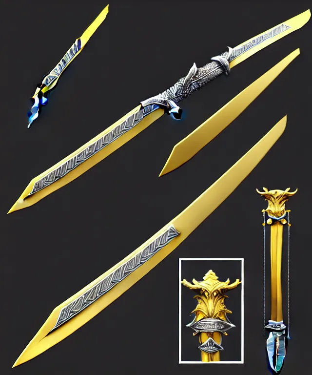 Image similar to very large detailed long sword, proportional image, clean background, 3 d octane render, blade, sharp, gold, gems,