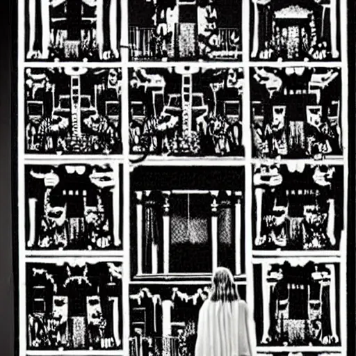 Image similar to by helmut newton perler beads, child's drawing. a beautiful photograph. it was a mansion of ghosts & monsters, with ghouls in the shadows & demons scuttling behind the wainscotting.