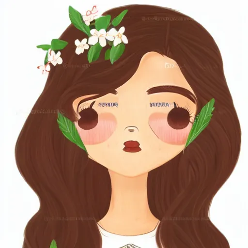 Image similar to hispanic girl with long brown hair, flower dress, face, sticker, emoji, white background, by rossdraws, ghibli