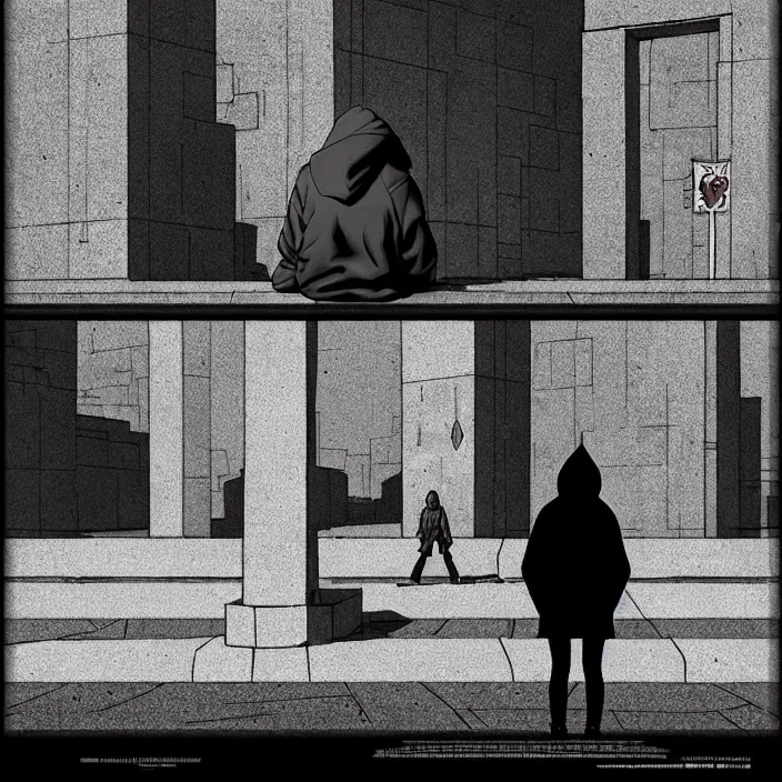 Image similar to sadie sink in hoodie sits on bench in a square, pedestrians walk by. background of old soviet monument and pedestrians. storyboard, scifi cyberpunk. by gabriel hardman, joe alves, chris bonura. cinematic atmosphere, detailed and intricate, perfect anatomy