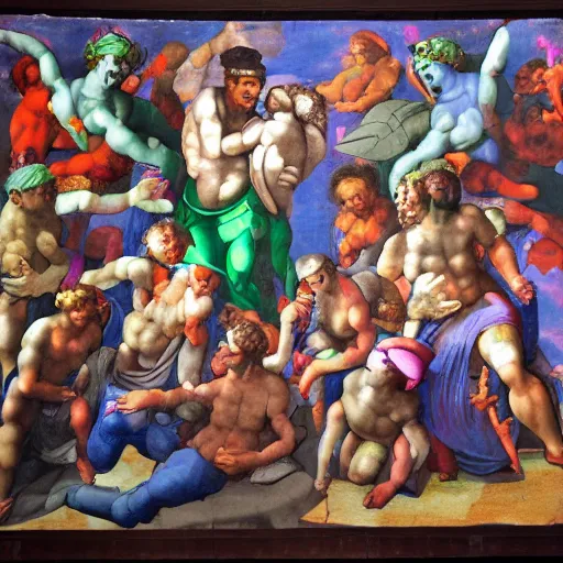 Prompt: a michelangelo mural of rave party