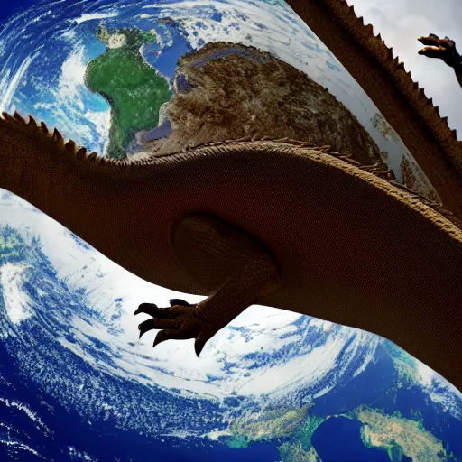 Prompt: a giant lizard holding the planet earth, cinematic, satellite photo, high resolution 8k,