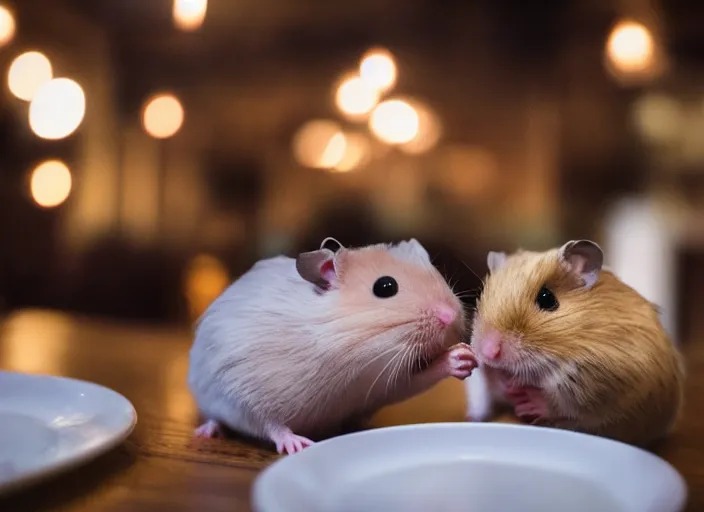 Image similar to photo of a hamsters on a date, kissing, at night, romantic, faded colors, candlelit restaurant table, cinematic color grading, various poses, soft light, well framed, sharp focus, 8 k