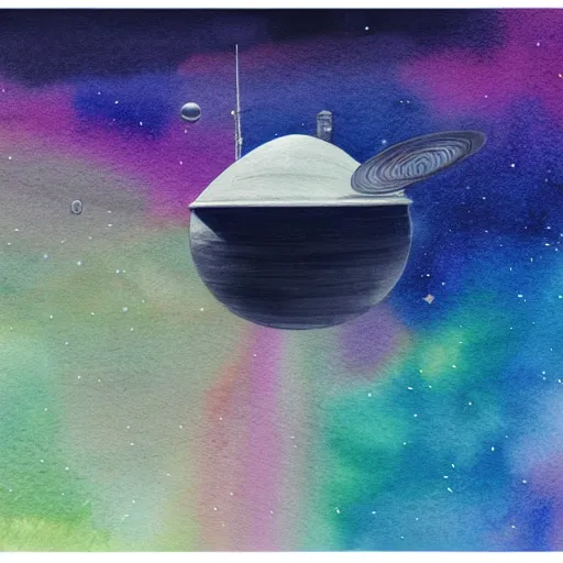 Image similar to high - angle view, close - up portrait, vague uap interstellar vehicle on top of an ephemeral rainbow in the sky, muted watercolor. minimalist, detailed, heavy under paint, muted colors. ue 5