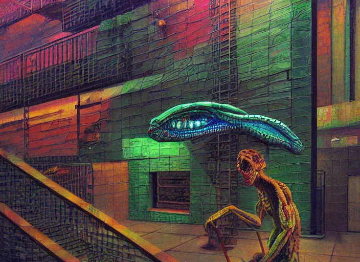 Prompt: reptile people exterior parking garage, bright cyberpunk neon, in the style of jeremy enecio, intricate, miles johnston, monet, cynical realism, john william godward, painterly, yoshitaka amano, miles johnston, louise zhang, pekka halonen, finnish naturalism, realism