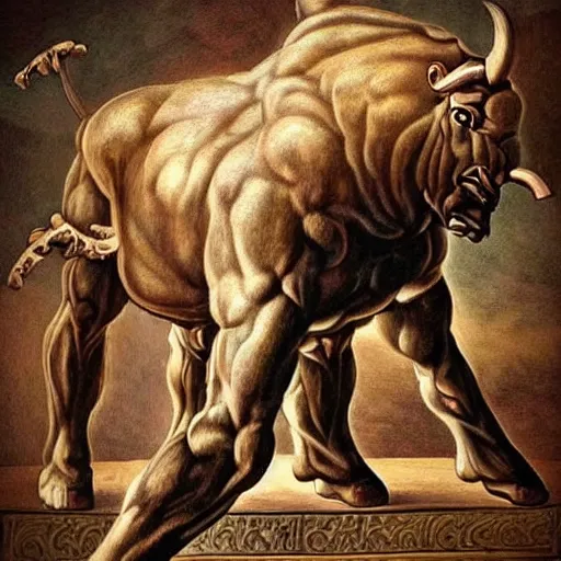 Image similar to beautiful photo of a minotaur, greek minotauros, minos bull, in greek mythology, a fabulous monster of crete that had the body of a man and the head of a bull seating on a barber stool in a barber shop