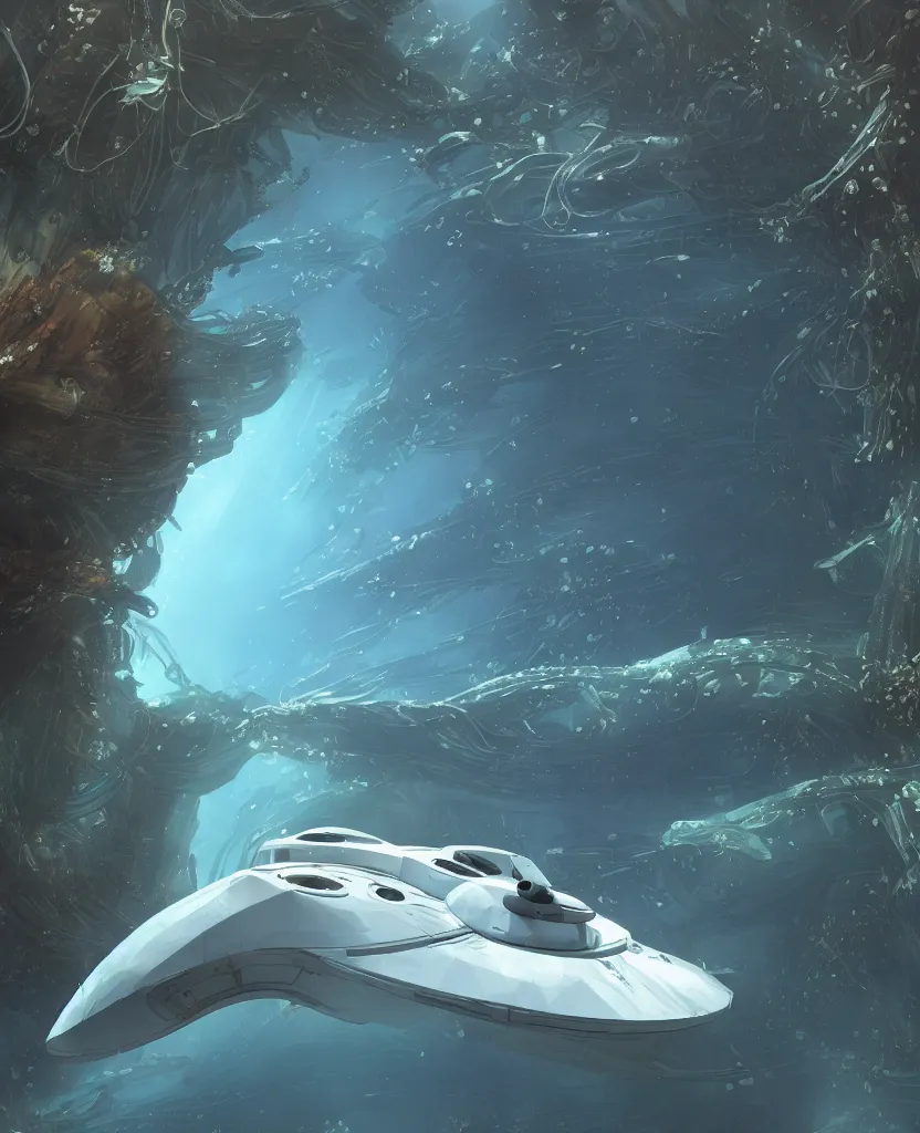 Image similar to white disc - shaped spacecraft submarine, fusion of subnautica and star trek, flying through a spectacular exotic underwater kelp forest canyon, schools of fish, in the style of john eaves ron walotsky ralph mcquarrie, soft natural volumetric lighting, realistic 4 k unreal engine 5 beautifully detailed render, 4 k post processing, trending on artstation