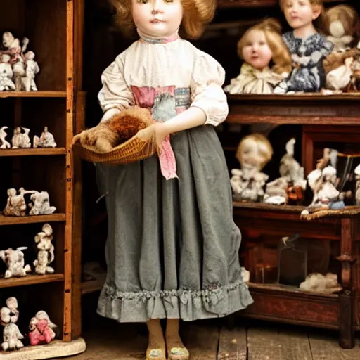 Image similar to victorian child standing in a doll maker's shop looking at all of the dolls, 8 k, soft lighting, highly detailed realistic, face in focus