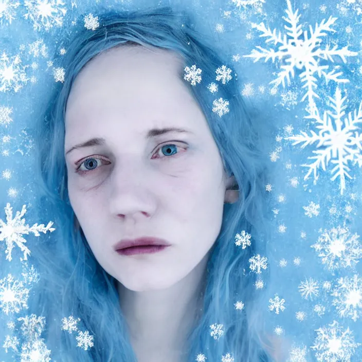 Prompt: a sickly looking young woman dying of hypothermia, with very white skin and pale blue hair wearing a long white summer dress made out of snowflakes in the middle of a heavy snowstorm. pale light blue lips. full body digital portrait by maromi sagi