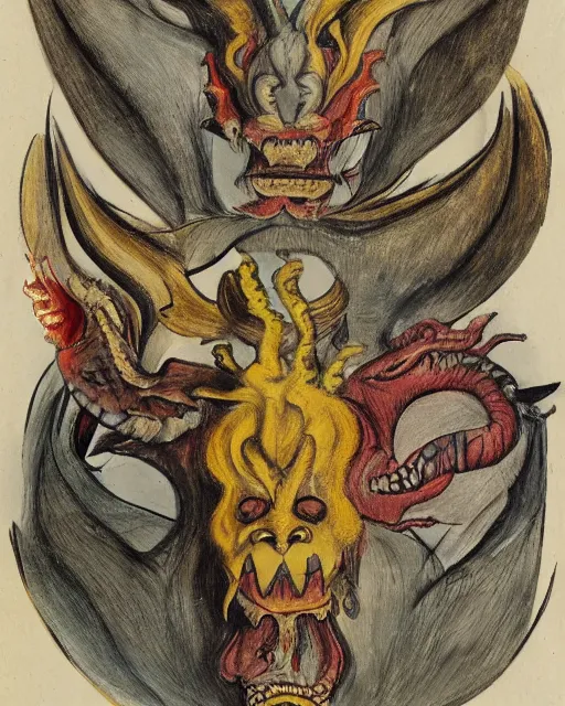 Prompt: a dragon with four heads. one human head, second eagle head, third lion head, fourth ox head. drawn by francis bacon