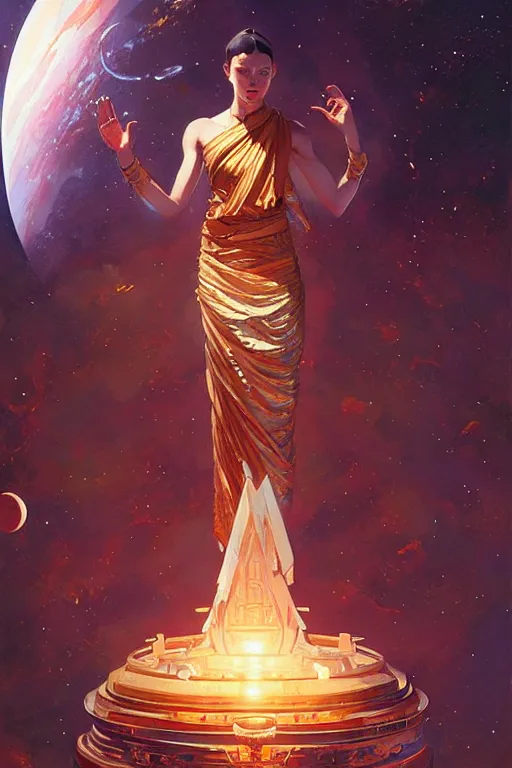 Image similar to space, temple, buddhism, painting by greg rutkowski, j. c. leyendecker, artgerm