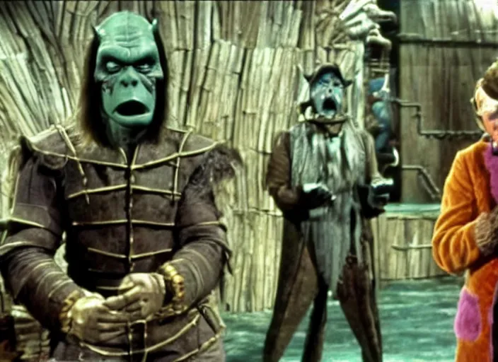 Prompt: film still of An Orc in Willy Wonka's and the Chocolate Factory 1971