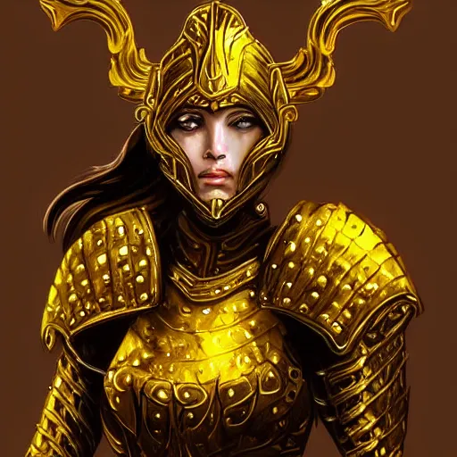 Image similar to female warrior in gold and black armor, semi-realistic, fantasy, digital painting, highly detailed